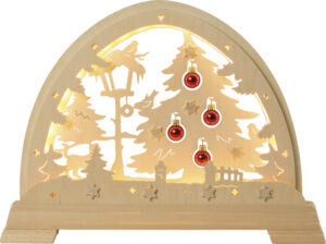 Schwibbogen Katze am Vogelhaus mit Kugeln rot - LED Band